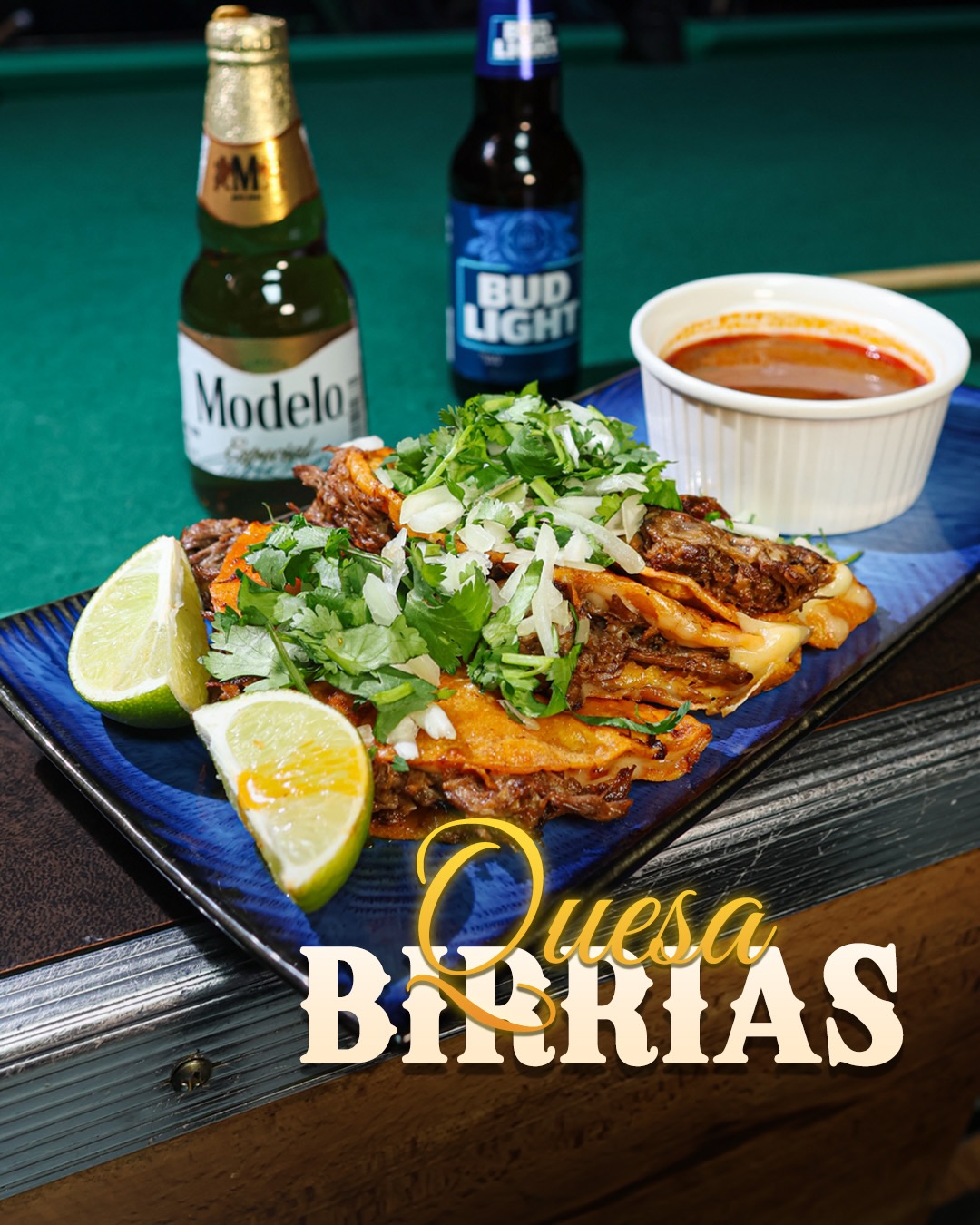 Crispy quesabirrias with cilantro, onion, lime and consommé at Coco Bar