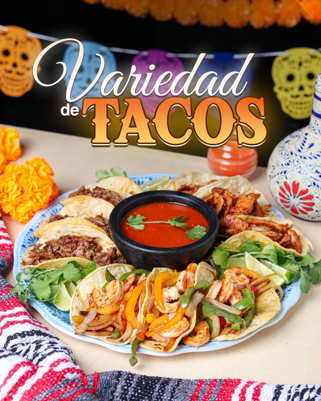 A colourful assortment of beef, chicken and shrimp tacos at Coco Bar